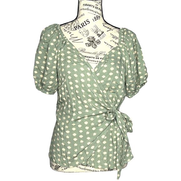 Madison & Berkeley SMALL Patterned Puff Sleeve Front Wrap Tie Top Blouse - Picture 1 of 10